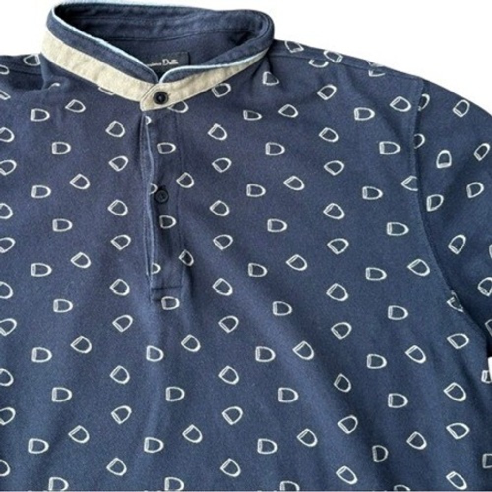 Massimo Dutti Mens Polo Shirt Slim M Navy Blue Cotton Grandad Collar Print